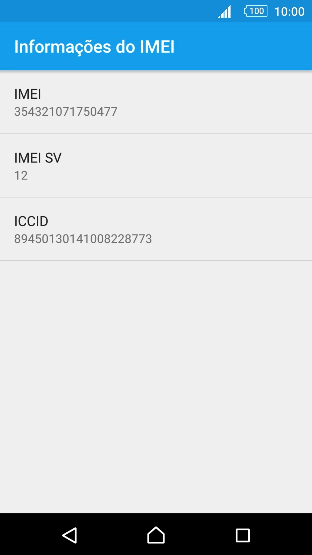 O código IMEI é mostrado no ecrã.