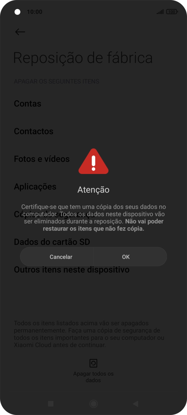 Prima OK. Aguarde um momento enquanto o telefone restabelece as definições originais. Siga as indicações no ecrã para configurar o telefone de modo que este fique pronto a ser utilizado.