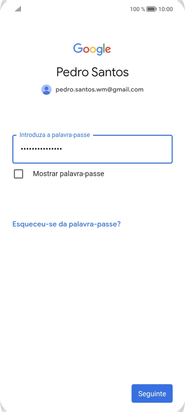 Prima Seguinte e siga as indicações no ecrã para escolher as definições da conta Google.