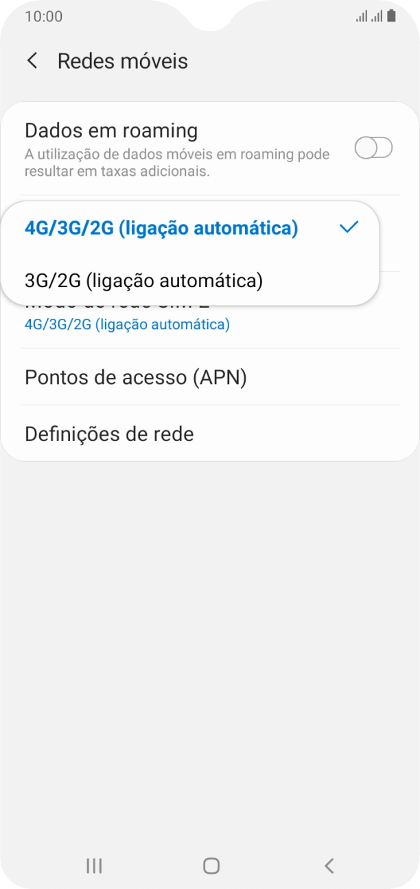 Prima o tipo de rede pretendido.