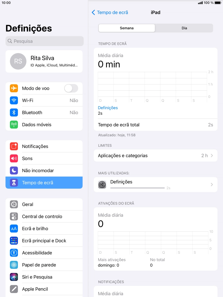 A utilização durante a semana anterior é mostrada junto de Tempo de ecrã total.
