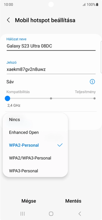 Válaszd a WPA3-Personal lehetőséget, ha jelszóval szeretnéd védeni a Wi-Fi hotspotodat.