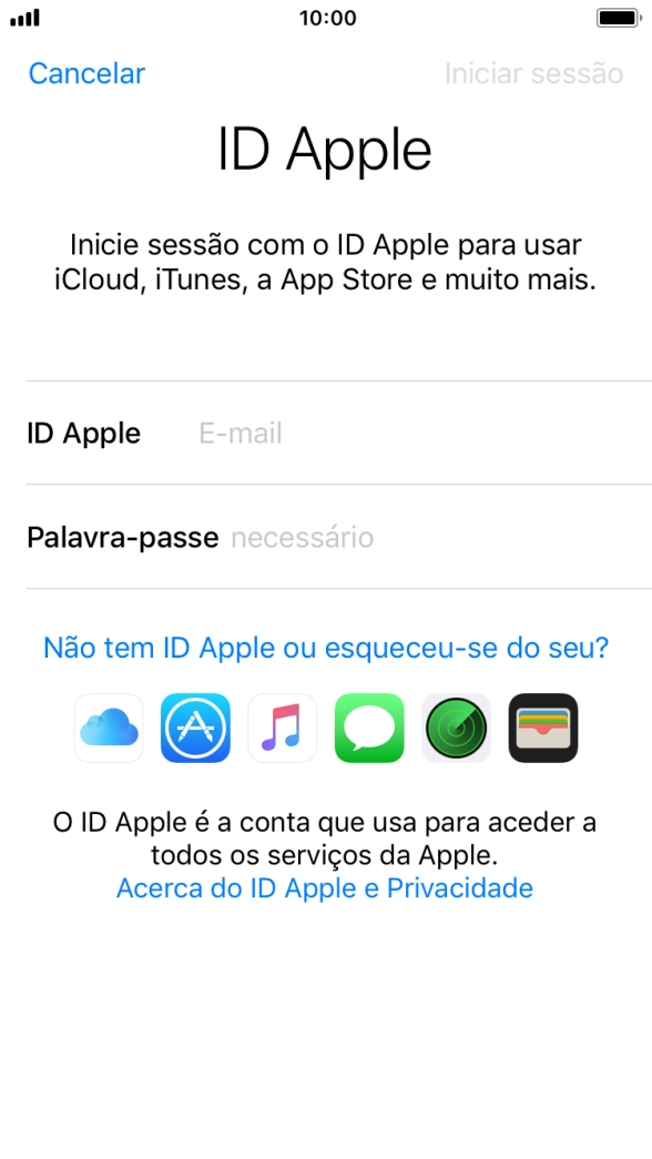 Se não tiver um ID Apple, prima Não tem ID Apple ou esqueceu-se do seu? e siga as indicações no ecrã para criar um ID Apple.