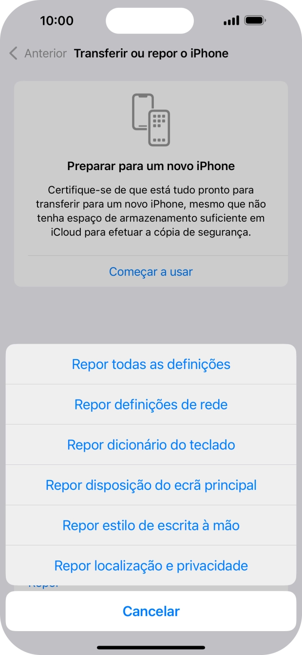 Prima Repor definições de rede.