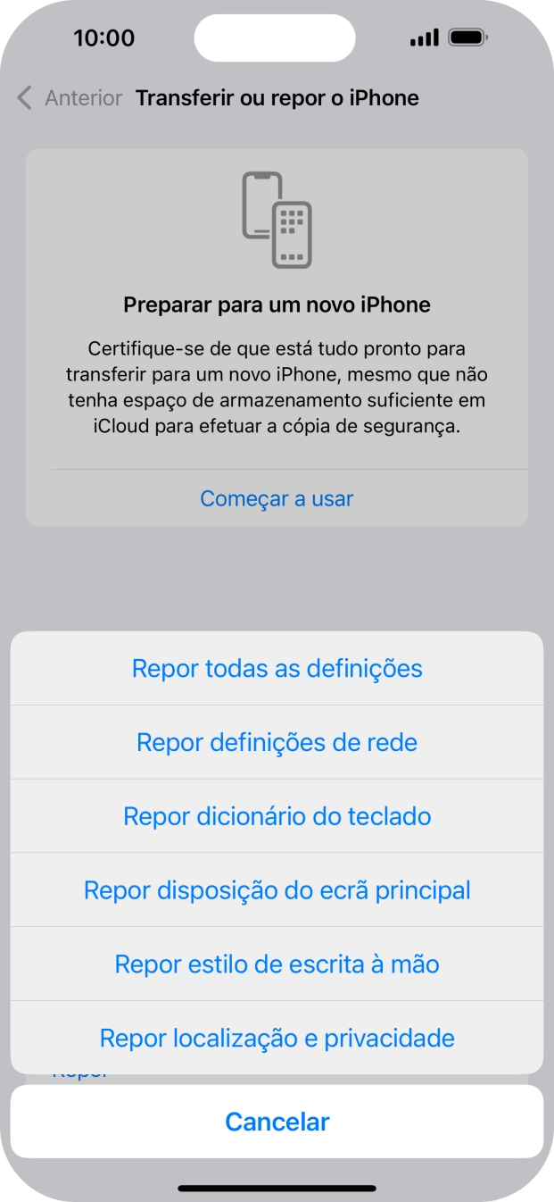 Prima Repor definições de rede.