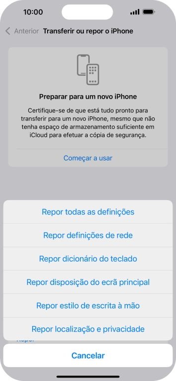 Prima Repor todas as definições.