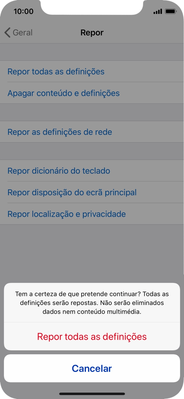 Prima Repor todas as definições. Aguarde um momento enquanto o telefone restabelece as definições originais. Siga as indicações no ecrã para configurar o telefone de modo que este fique pronto a ser utilizado.