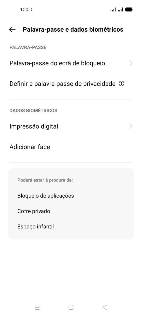 Prima Impressão digital e introduza o código adicional de bloqueio do telefone que criou anteriormente.