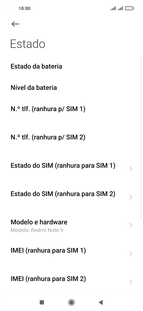 O código IMEI é mostrado no ecrã.