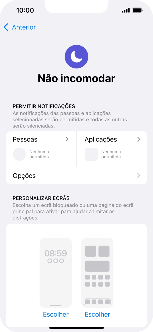 Prima Pessoas e siga as indicações no ecrã para escolher quais os contactos de que pretende receber chamadas e notificações, enquanto a função “Não incomodar” está ativada.