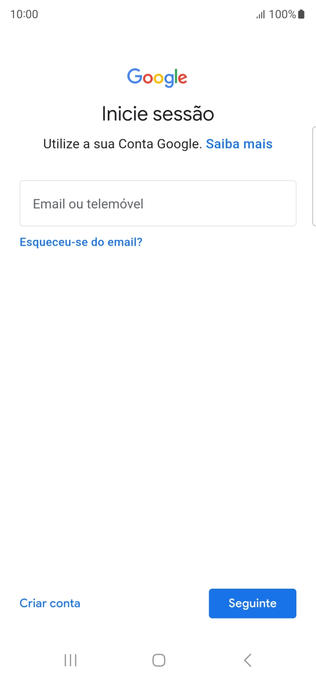 Se não tiver uma conta Google, prima Criar conta e siga as indicações no ecrã para criar uma conta.