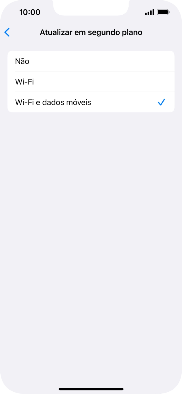 Para desativar a atualização de apps em segundo plano, prima Não.