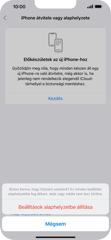 Válaszd a Beállítások alaphelyzetbe állítása lehetőséget. Várj egy kicsit, amíg a telefon visszaállítja a gyári beállításokat. A telefon konfigurálásához és ahhoz, hogy üzemkész állapotba hozd, kövesd a képernyőn megjelenő utasításokat.