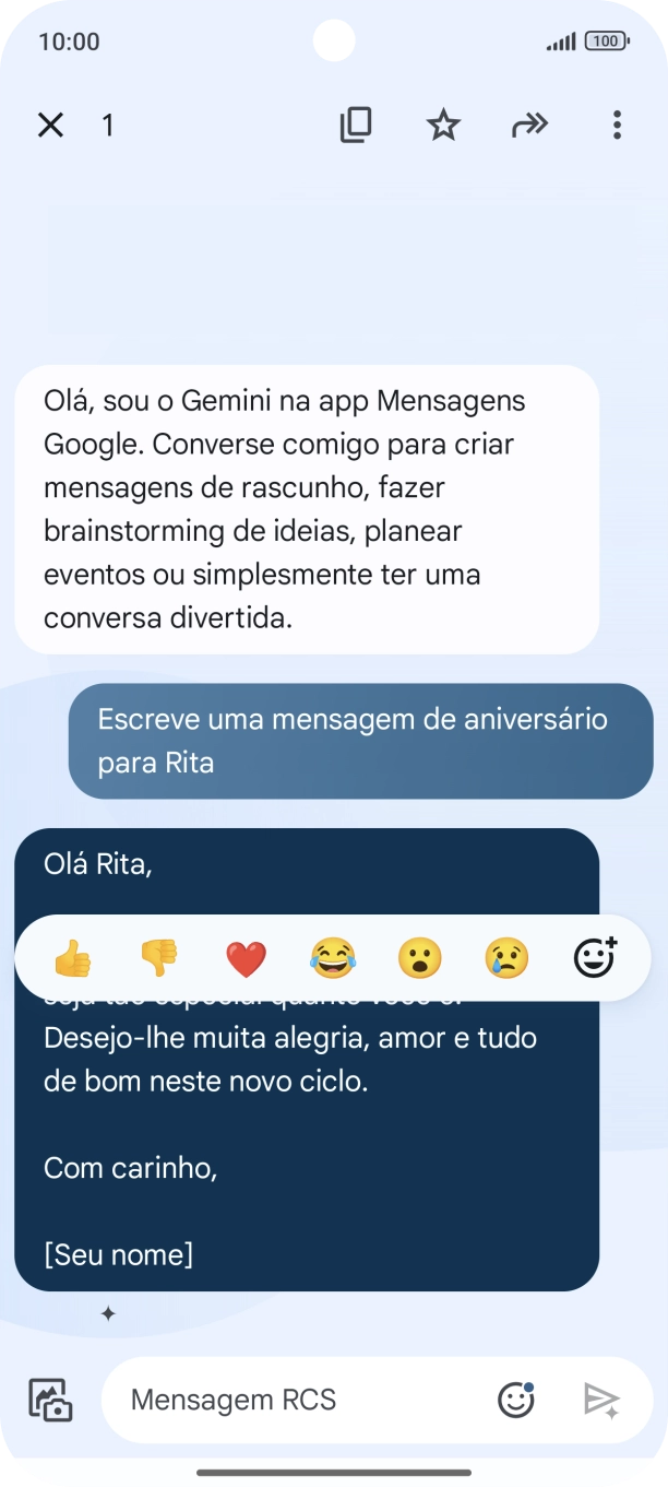 Mantenha premida por um momento a sugestão de texto da Gemini. Siga as indicações no ecrã  para utilizar a sugestão de texto.
