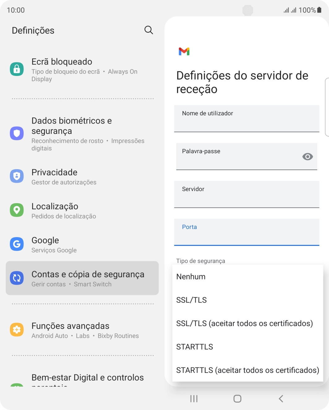 Prima SSL/TLS para ativar a função.