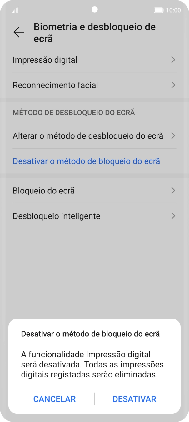 Introduza o código de bloqueio do telefone atual e prima DESATIVAR.