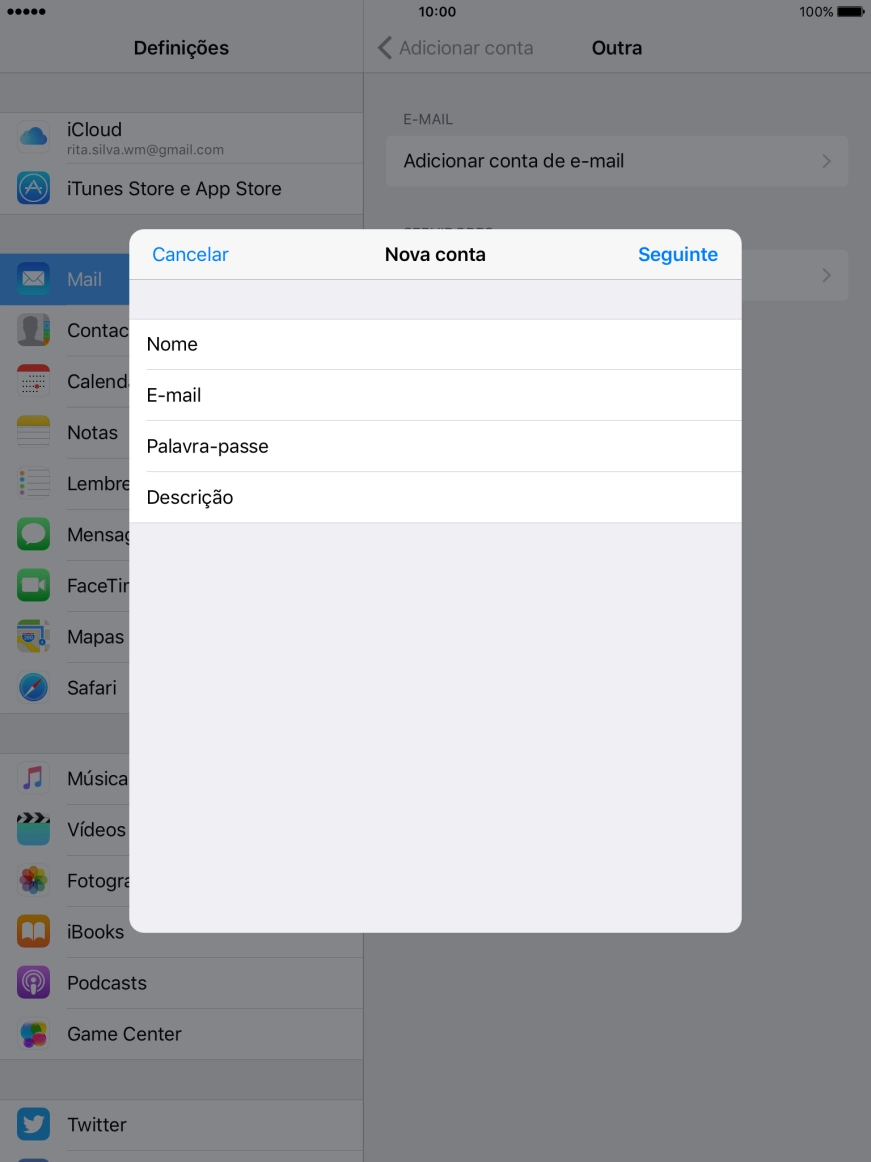 Prima Descrição e introduza o nome pretendido da conta de e-mail.