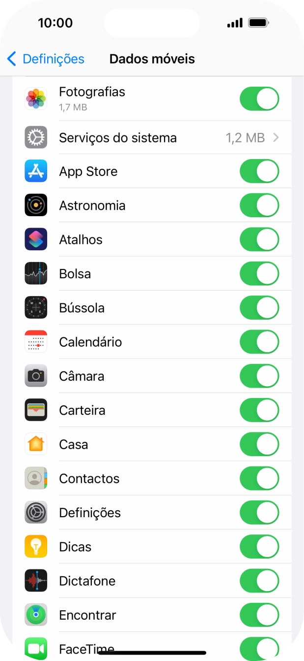 Prima o indicador junto das aplicações pretendidas para ativar ou desativar a função.