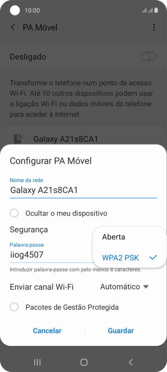 Prima WPA2 PSK para proteger o hotspot Wi-Fi com uma password.