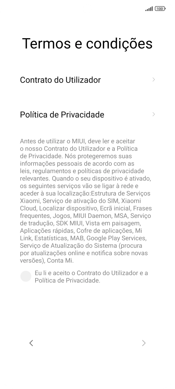 Prima o campo para aceitar os termos e condições.