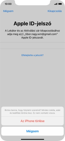 Írd be az Apple ID-hoz tartózó jelszót, és válaszd Az iPhone törlése lehetőséget. Várj egy kicsit, amíg a telefon visszaállítja a gyári beállításokat. A telefon konfigurálásához és ahhoz, hogy üzemkész állapotba hozd, kövesd a képernyőn megjelenő utasításokat.