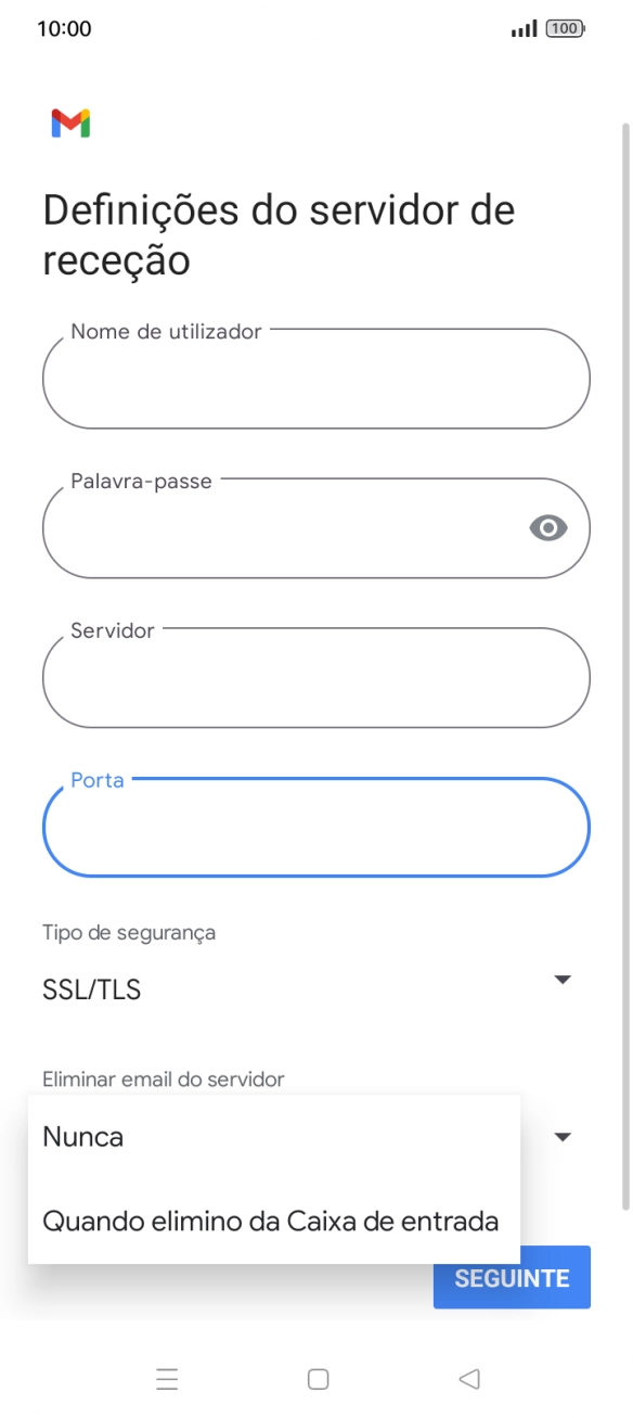 Prima Nunca para manter os e-mails no servidor quando estes são apagados no telefone.