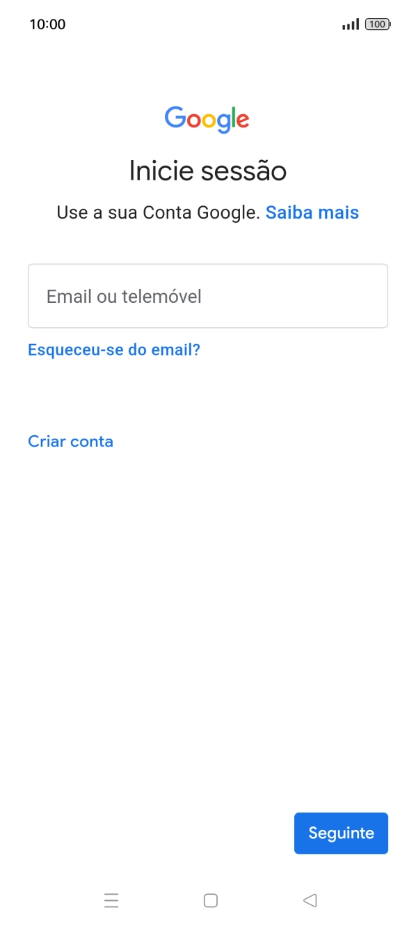 Se não tiver uma conta Google, prima Criar conta e siga as indicações no ecrã para criar uma conta.