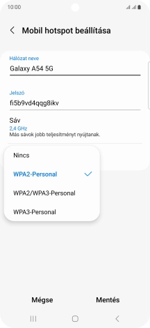 Válaszd a WPA3-Personal lehetőséget, ha jelszóval szeretnéd védeni a Wi-Fi hotspotodat.