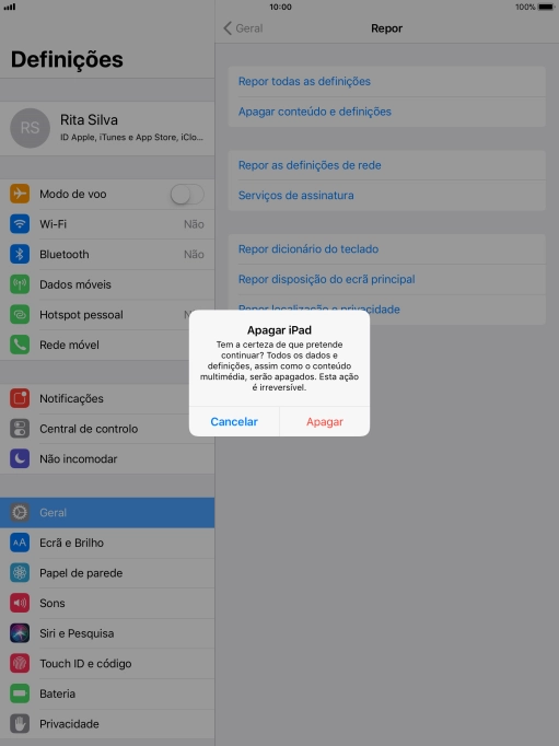 Prima Apagar. Aguarde um momento enquanto o tablet restabelece as definições originais. Siga as indicações no ecrã para configurar o tablet de modo que este fique pronto a ser utilizado.
