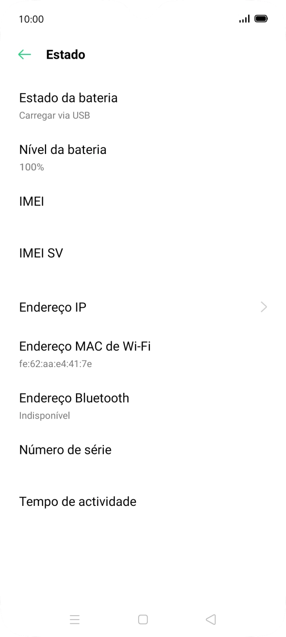 O código IMEI é mostrado no ecrã.