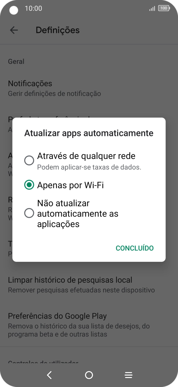 Para ativar a atualização automática de apps via redes móveis, prima Através de qualquer rede.