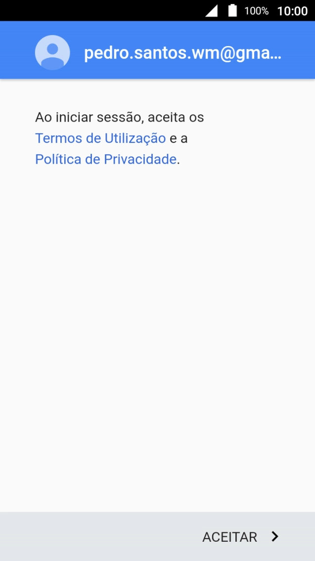 Prima ACEITAR e siga as indicações no ecrã para escolher as definições da conta Google.