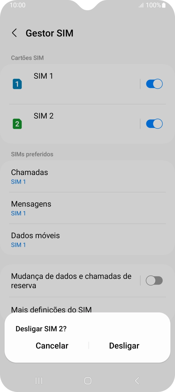 Para desativar o cartão SIM, prima Desligar.