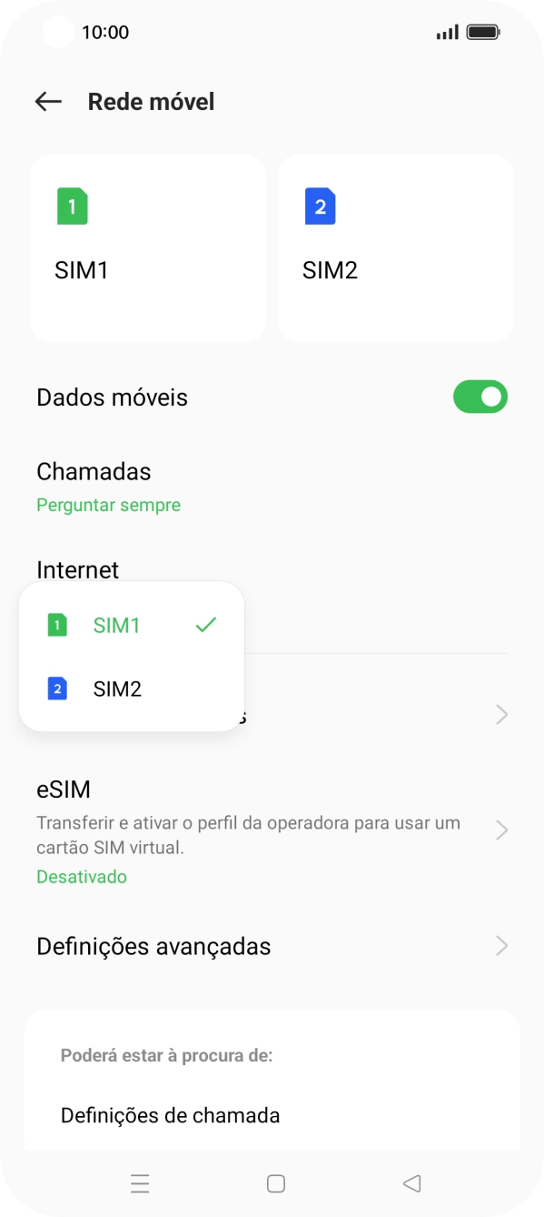 Prima o cartão SIM pretendido.