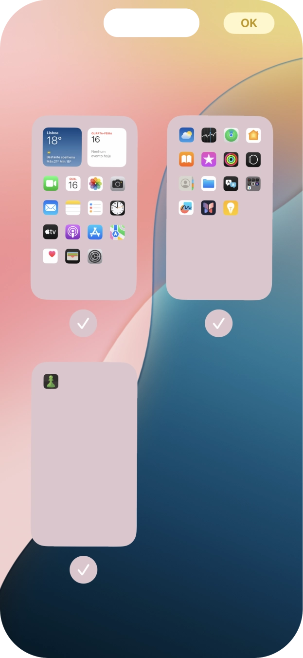 Prima os campos sob as páginas do ecrã inicial pretendidas, para ativar ou desativar a exibição de páginas.