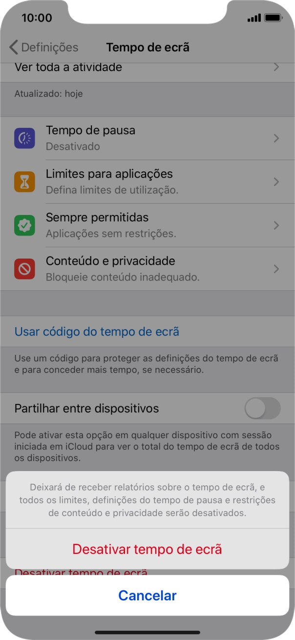 Prima Desactivar tempo de ecrã.