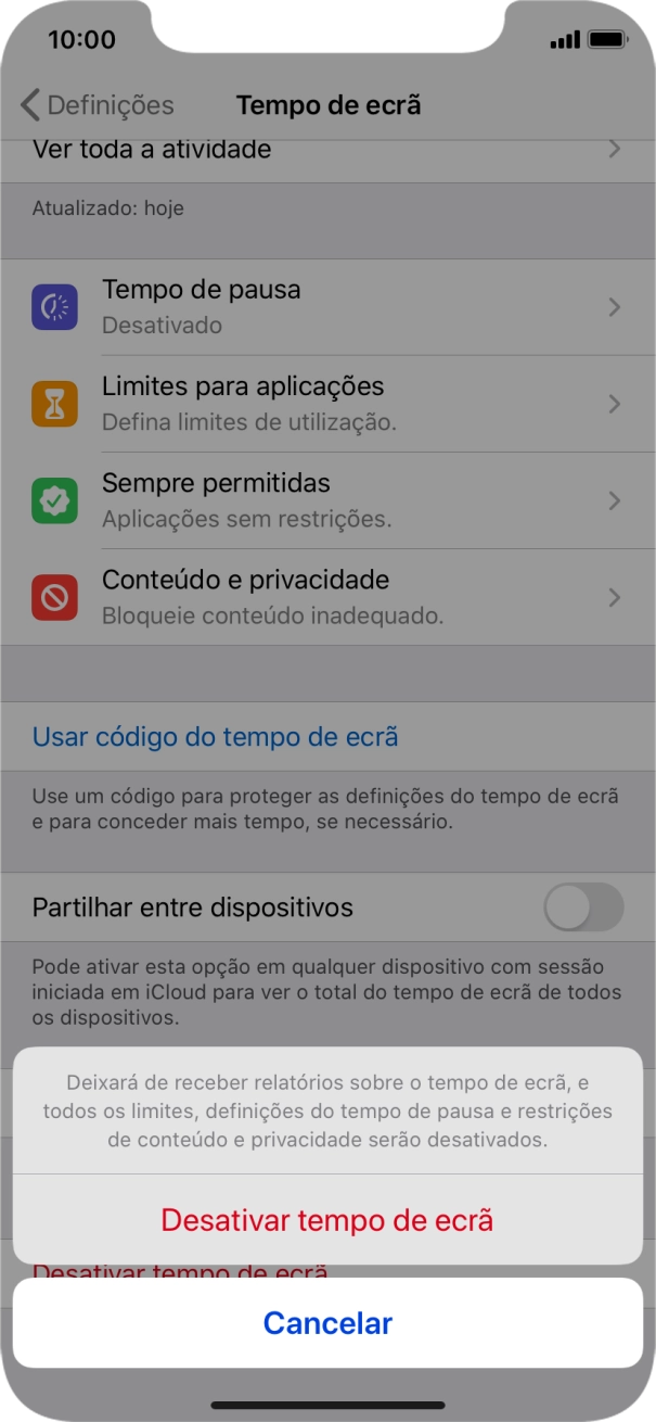 Prima Desactivar tempo de ecrã.