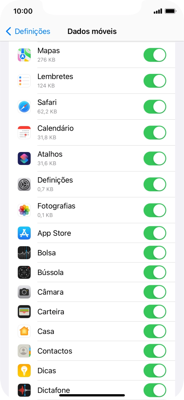 Prima o indicador junto das aplicações pretendidas para ativar ou desativar a função.