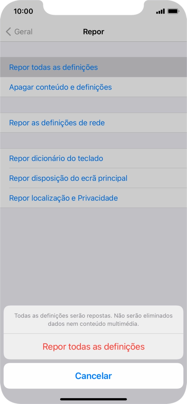 Prima Repor todas as definições.