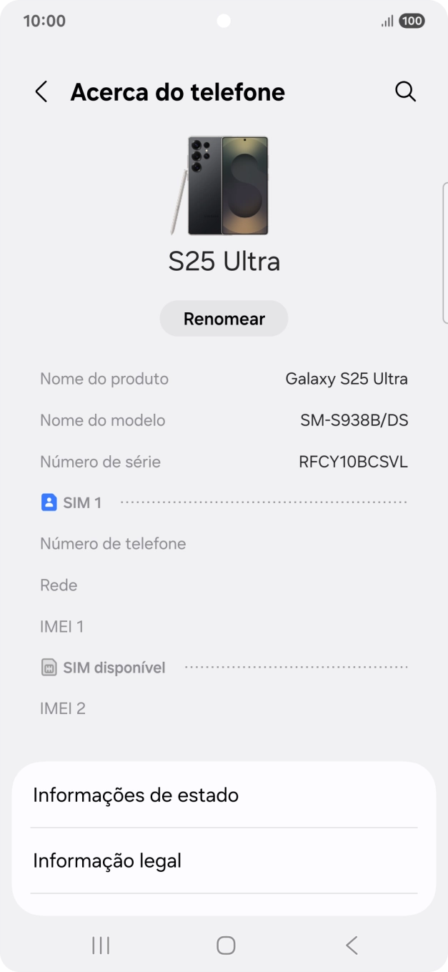 O código IMEI é mostrado no ecrã.