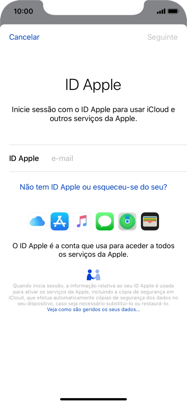 Se não tiver um ID Apple, prima Não tem ID Apple ou esqueceu-se do seu? e siga as indicações no ecrã para criar um ID Apple.