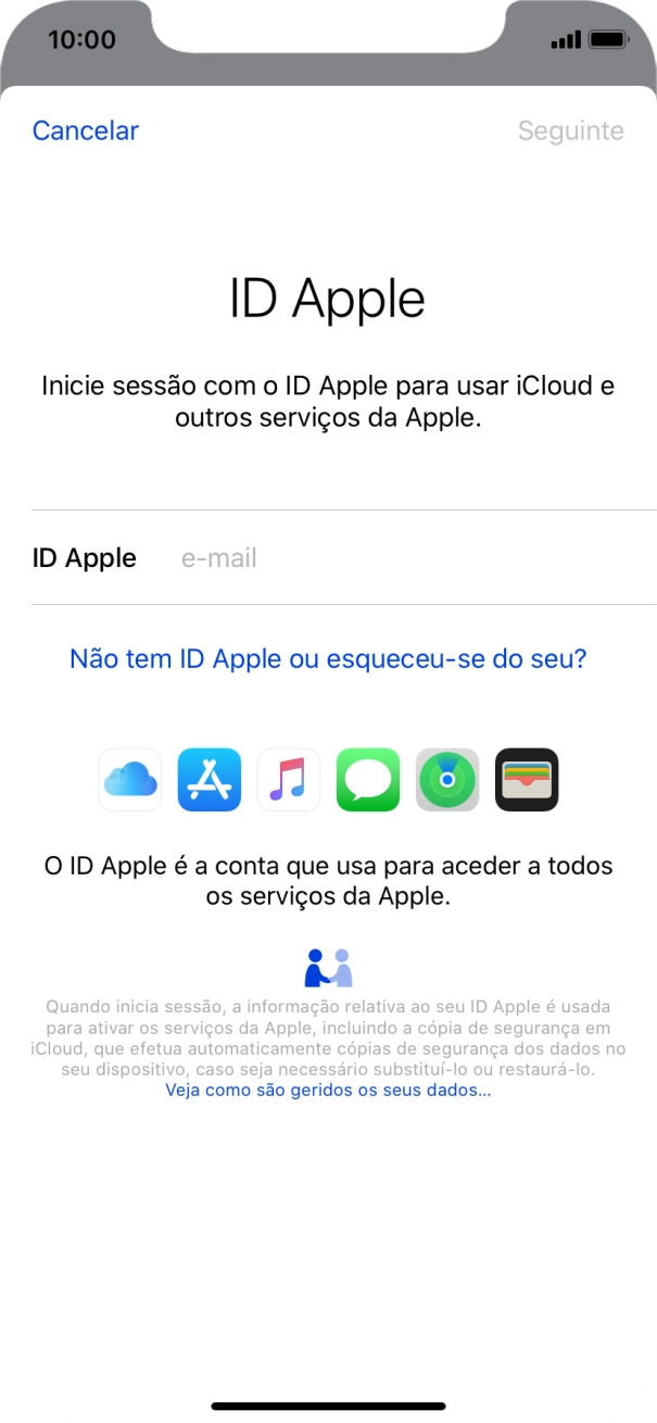 Se não tiver um ID Apple, prima Não tem ID Apple ou esqueceu-se do seu? e siga as indicações no ecrã para criar um ID Apple.