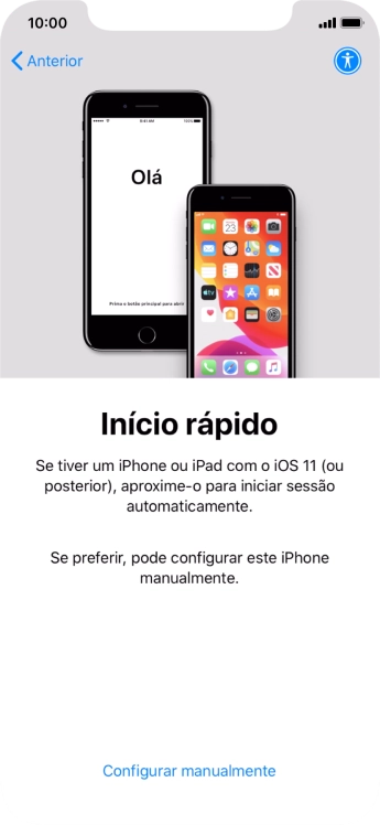Siga as indicações no ecrã para transferir conteúdo de outro dispositivo com iOS11 ou mais recente, ou prima Configurar manualmente.