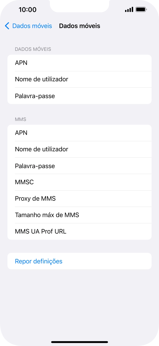 Prima APN e insira net2.vodafone.pt.