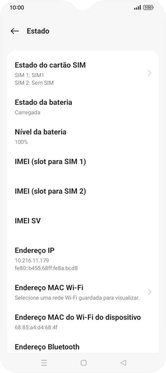 O código IMEI é mostrado no ecrã.