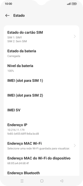 O código IMEI é mostrado no ecrã.
