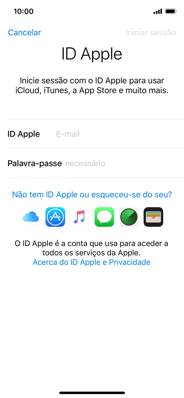 Se não tiver um ID Apple, prima Não tem ID Apple ou esqueceu-se do seu? e siga as indicações no ecrã para criar um ID Apple.