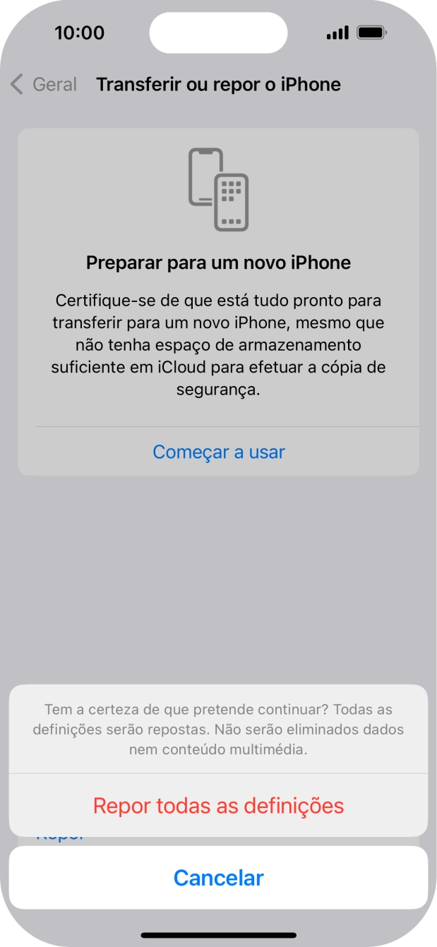 Prima Repor todas as definições. Aguarde um momento enquanto o telefone restabelece as definições originais. Siga as indicações no ecrã para configurar o telefone de modo que este fique pronto a ser utilizado.