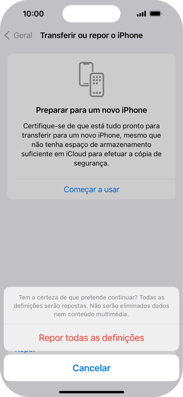 Prima Repor todas as definições. Aguarde um momento enquanto o telefone restabelece as definições originais. Siga as indicações no ecrã para configurar o telefone de modo que este fique pronto a ser utilizado.