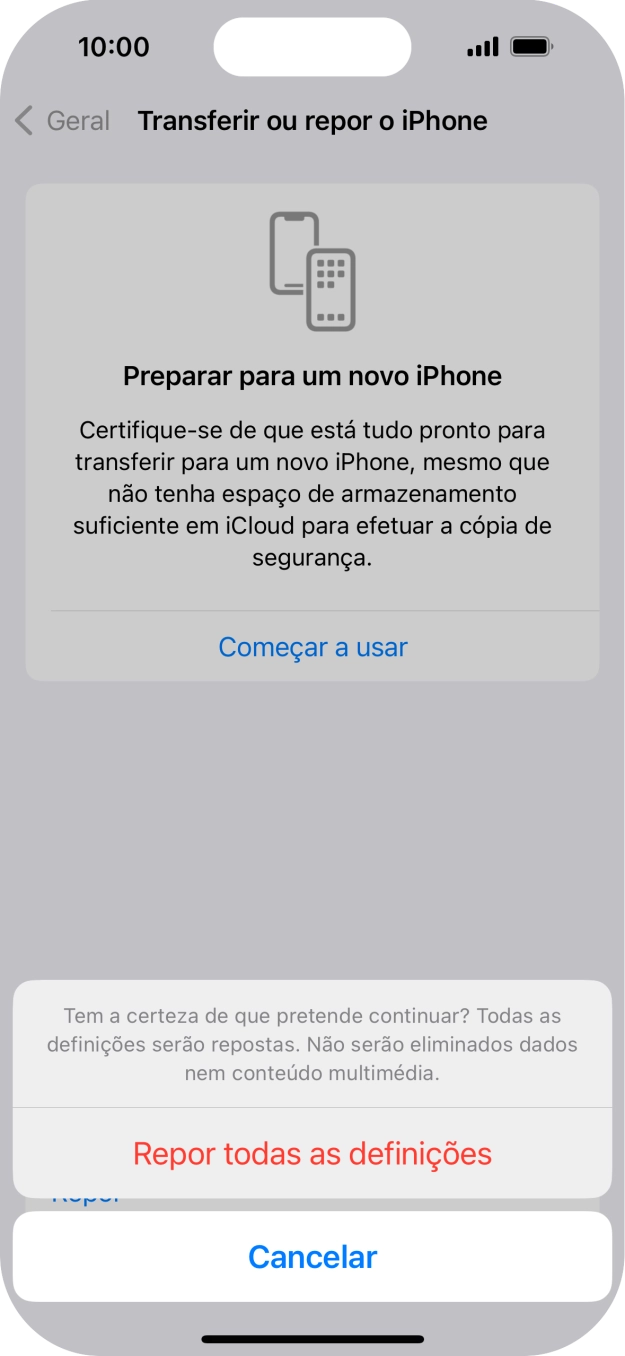 Prima Repor todas as definições. Aguarde um momento enquanto o telefone restabelece as definições originais. Siga as indicações no ecrã para configurar o telefone de modo que este fique pronto a ser utilizado.